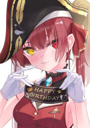Rule 34 | 1girl, 333shishishi333, absurdres, arrow through heart, bare arms, bare shoulders, bicorne, birthday, black hat, blush, bow, breasts, brooch, buttons, closed mouth, gloves, gold trim, hair bow, hair ribbon, hands up, happy birthday, hat, heterochromia, high ponytail, highres, holding, hololive, houshou marine, jewelry, lapels, long hair, looking at viewer, medium breasts, pirate hat, red eyes, red hair, red ribbon, red skirt, ribbon, shirt, sideboob, sidelocks, skirt, sleeveless, sleeveless shirt, smile, solo, twintails, upper body, virtual youtuber, white background, white gloves, yellow eyes