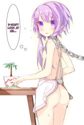 Rule 34 | 1girl, apron, ass, bare arms, bare shoulders, blush, breasts, chain, choker, cleaning, flower, flower pot, hard-translated, highres, kami shun0505, kamioka shun&#039;ya, long hair, looking at viewer, looking back, low twintails, naked apron, parted lips, purple eyes, purple hair, restrained, sideboob, small breasts, solo, standing, table, thinking, third-party edit, translated, twintails, vocaloid, voiceroid, wavy mouth, yuzuki yukari
