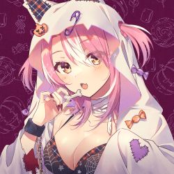 Rule 34 | 1girl, animal ears, bandaged neck, bandages, blush, bone, breasts, brown eyes, cartoon bone, cleavage, collarbone, commentary, eyes visible through hair, fake animal ears, fang, ghost costume, hair between eyes, hair through headwear, halloween, hand up, haruyuki 14, highres, holding, holding bone, long sleeves, looking at viewer, medium breasts, multicolored hair, nail polish, open mouth, original, pink hair, plaid, purple background, safety pin, solo, streaked hair, symbol-only commentary, two side up, upper body, white hair, wide sleeves