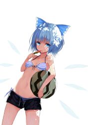 Rule 34 | 1girl, ball, beachball, bikini, blue bikini, blue bow, blue eyes, blue hair, bow, breasts, cirno, dappled sunlight, day, food, hair bow, highres, ice, ice wings, looking at viewer, lumo 1121, matching hair/eyes, navel, outdoors, popsicle, shade, short hair, side-tie bikini bottom, small breasts, solo, standing, striped bikini, striped clothes, summer, sunlight, swimsuit, touhou, water, watermelon bar, wet, wings