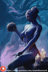 Rule 34 | 1girl, anato finnstark, baldur&#039;s gate, baldur&#039;s gate 3, blue skin, branch, breasts, candle, colored skin, completely nude, dark elf, dungeons &amp; dragons, elf, feet out of frame, from side, hair bun, hand up, highres, holding, holding skull, large breasts, medium breasts, messy hair, minthara, nude, painterly, patreon logo, patreon username, pointy ears, realistic, red eyes, short hair, single hair bun, sitting, skull, solo, tree, watermark, white hair