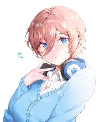 Rule 34 | 1girl, alternate hair length, alternate hairstyle, blue cardigan, blue eyes, blush, breasts, brown hair, cardigan, collarbone, collared shirt, commentary request, cpqm, dress shirt, fingernails, go-toubun no hanayome, hair between eyes, hand up, headphones, headphones around neck, heart, highres, long sleeves, looking at viewer, medium breasts, nail polish, nakano miku, parted lips, pink nails, shirt, short hair, simple background, sleeves past wrists, solo, upper body, white background, white shirt