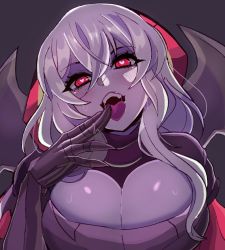 Rule 34 | 1girl, blush, breasts, clawed gauntlets, cleavage, eyes visible through hair, gauntlets, genderswap, genderswap (mtf), grey background, hair between eyes, heart, heart-shaped pupils, league of legends, licking, licking finger, long hair, red eyes, saliva, saliva trail, shuriken, simple background, solo, sweat, symbol-shaped pupils, teeth, tongue, tongue out, turtleneck, upper body, weapon, weapon on back, white hair, yoshiikirablr, zed (league of legends)