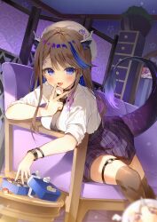 Rule 34 | 1girl, :d, absurdres, airi kanna, animal ears, black choker, black necktie, black thighhighs, blue eyes, blush, breasts, brown hair, choker, cookie, couch, earrings, eating, food, gradient hair, grey hat, hat, highres, horns, indoors, iop5509, jewelry, looking at viewer, medium breasts, multicolored hair, necktie, o-ring, o-ring thigh strap, on couch, open mouth, plaid, plaid skirt, plant, potted plant, purple hair, purple skirt, school uniform, shirt, short sleeves, sitting, skirt, smile, solo, stellive, tail, thigh strap, thighhighs, virtual youtuber, white shirt