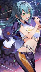 1girl aqua_hair belt blurry breasts confetti crop_top crowd depth_of_field floating_hair gakuen_idolmaster green_eyes groin hair_ornament hairclip hand_up highres hip_vent holding holding_microphone idolmaster jacket jacket_on_shoulders kainown large_breasts long_hair long_sleeves looking_ahead microphone midriff music navel open_mouth pants purple_jacket purple_pants shirt singing smile solo standing stomach sweat tsukimura_temari white_shirt x_hair_ornament