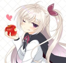 Rule 34 | 1girl, ;q, ahoge, akizuki kanna, apple, bitten apple, black cape, black ribbon, blush, cafe stella to shinigami no chou, cape, closed mouth, commentary, crossed bangs, eyes visible through hair, food, food bite, food on face, fruit, hair between eyes, hand up, head tilt, heart, holding, holding food, holding fruit, jacket, jitome, long hair, long sleeves, looking at viewer, neck ribbon, one eye closed, purple eyes, red ribbon, ribbon, side ponytail, simple background, smile, solo, tatsuya (trypaint), tongue, tongue out, upper body, very long hair, white background, white hair, white jacket