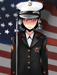 Rule 34 | 1girl, alternate costume, alternate hairstyle, american flag, arms at sides, badge, artistic error, frown, glint, hat, izayoi sakuya, looking at viewer, medal, military, military hat, military uniform, piitan2 mokotan, red eyes, short hair, silver hair, solo, sword, touhou, uniform, united states, united states marine corps, weapon