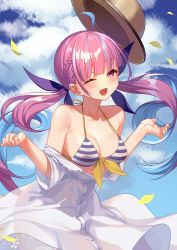 Rule 34 | 1girl, ahoge, aqua hair, bikini, blue sky, blush, bowler hat, braid, breasts, brown hat, chinese commentary, cleavage, cloud, cloudy sky, collarbone, colored inner hair, commentary request, cowboy shot, day, dress, drill hair, eyelashes, french braid, frostcyco, half-closed eye, halterneck, hat, highres, hololive, leaf, long hair, looking at viewer, medium breasts, minato aqua, minato aqua (hololive summer 2019), multicolored hair, nail polish, off shoulder, one eye closed, open mouth, outdoors, partial commentary, purple eyes, purple hair, sky, smile, solo, streaked hair, striped bikini, striped clothes, swimsuit, twin drills, twintails, two-tone hair, unworn hat, unworn headwear, virtual youtuber, white dress, wind