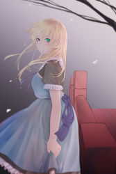 Rule 34 | 1girl, absurdres, alternate costume, alternate eye color, alternate hair length, alternate hairstyle, blue dress, blush, breasts, bridge, brown eyes, brown shirt, commentary request, dress, feet out of frame, frilled dress, frilled shirt, frills, green eyes, heterochromia, highres, long hair, looking at viewer, looking to the side, medium breasts, mizuhashi parsee, sakai-saka, shirt, solo, touhou, tree, wind