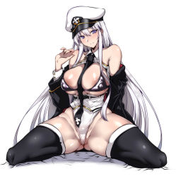 Rule 34 | 1girl, areola slip, arm behind back, azur lane, bare shoulders, between breasts, black necktie, black thighhighs, blouse, blush, breasts, covered erect nipples, enterprise (azur lane), gggg, hair between eyes, hat, head tilt, highres, large areolae, large breasts, long hair, looking at viewer, necktie, open clothes, open shirt, parted lips, peaked cap, purple eyes, shirt, sidelocks, silver hair, simple background, sitting, sleeveless, sleeveless shirt, smile, solo, spread legs, thick thighs, thighhighs, thighs, very long hair, white background