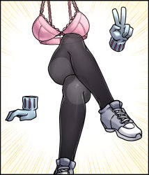 Rule 34 | 1girl, bad id, bad pixiv id, black border, black thighhighs, boku no hero academia, border, bottomless, bra, gloves, hagakure tooru, head out of frame, highres, invisible, maggea22, no panties, pink bra, shoes, sneakers, solo, thighhighs, underwear, v, white footwear, white gloves