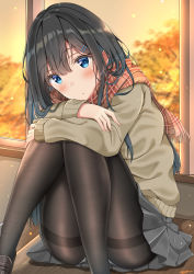 Rule 34 | 1girl, autumn, black footwear, black hair, black pantyhose, blue eyes, blush, chair, convenient leg, crossed arms, desk, eyes visible through hair, feet out of frame, fringe trim, grey skirt, hair between eyes, hair ornament, hairpin, head tilt, highres, indoors, knees to chest, knees together feet apart, knees up, loafers, long hair, long sleeves, looking at viewer, on desk, original, pantyhose, plaid, plaid scarf, pleated skirt, red scarf, scarf, school, school desk, school uniform, shoes, sitting, skirt, sleeves past wrists, solo, sunsun2812, sweater, uwabaki