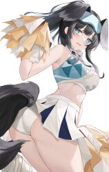 Rule 34 | 1girl, absurdres, animal ears, armpit crease, black hair, blue archive, blue eyes, blush, breasts, detached collar, dog ears, dog girl, dog tail, embarrassed, goggles, goggles on head, hibiki (blue archive), hibiki (cheer squad) (blue archive), highres, holding, holding pom poms, kuro (rudyan0128), looking at viewer, millennium cheerleader outfit (blue archive), panties, parted bangs, pom pom (cheerleading), pom poms, sidelocks, small breasts, standing, standing on one leg, tail, thighs, underwear, white panties