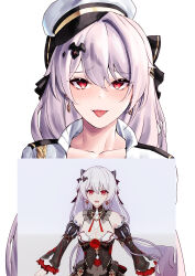 Rule 34 | 1girl, :p, absurdres, black bow, blush, bow, closed mouth, earrings, hair bow, hat, highres, honkai (series), honkai impact 3rd, jacket, jewelry, long hair, looking at viewer, peaked cap, picture frame, pyeong-il pyeongil, red eyes, smile, solo, theresa apocalypse, theresa apocalypse (luna kindred), theresa apocalypse (lunar vow: crimson love), tongue, tongue out, twintails, upper body, very long hair, white background, white hair, white jacket