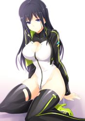 Rule 34 | 1girl, :&gt;, alice gear aegis, arm support, black hair, black jacket, black thighhighs, cleavage cutout, closed mouth, clothing cutout, commentary request, covered collarbone, hair between eyes, heattech leotard, high heels, highleg, highleg leotard, highres, ishiyumi, jacket, kagome misaki, leotard, long hair, long sleeves, looking at viewer, mole, mole under eye, purple eyes, shiny clothes, shiny legwear, shiny skin, simple background, sitting, skin tight, sleeveless, sleeveless turtleneck, solo, thighhighs, turtleneck, white background, white leotard, yokozuwari, zipper
