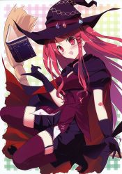 Rule 34 | 1girl, :d, absurdres, black gloves, book, broom, dress, fumio (ura fmo), garter straps, gloves, hat, highres, hinomiya ayari, open mouth, purple thighhighs, red eyes, red hair, smile, thighhighs, witch&#039;s garden, witch hat