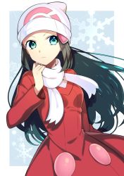 Rule 34 | &gt;:(, adjusting scarf, arm behind back, bad id, bad pixiv id, beanie, blue eyes, blue hair, blush, border, closed mouth, coat, creatures (company), dawn (pokemon), game freak, hair ornament, hairclip, hat, highres, long hair, long sleeves, nintendo, pokemon, pokemon dppt, red coat, scarf, serious, snowflake background, solo, tareme, upper body, v-shaped eyebrows, white border, white hat, white scarf, winter clothes, winter coat, yuihico