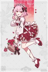 Rule 34 | 1girl, :d, back bow, basket, black bow, blush, bobby socks, bow, bowtie, chin strap, cross-laced clothes, cross-laced sleeves, dress, dress bow, flower, flower basket, footwear bow, frilled dress, frills, hairband, high heels, highres, holding, holding basket, lace, lolita fashion, lolita hairband, long sleeves, nijisanji, nijisanji en, open mouth, pink hair, puffy long sleeves, puffy sleeves, red dress, red eyes, red flower, red footwear, red rose, rose, rosemi lovelock, shirt, shoe flower, shoes, short hair with long locks, sleeve cuffs, smile, socks, solo, sweet lolita, thorns, virtual youtuber, waka (wk4444), white bow, white bowtie, white shirt, white socks