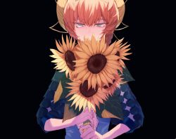 Rule 34 | 1girl, black background, blue eyes, braid, breasts, brown hair, commentary request, covered mouth, crown braid, fate/grand order, fate (series), flower, hat, holding, holding flower, ichiya1115, long hair, long sleeves, looking at viewer, medium hair, orange hair, side braid, sideboob, simple background, sleeves past elbows, solo, sunflower, upper body, van gogh (fate)