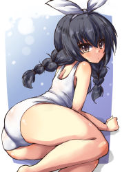 Rule 34 | 10s, 1girl, alternate hairstyle, arm support, ass, black hair, braid, brown eyes, from behind, girls und panzer, hair ribbon, long hair, looking at viewer, looking back, lying, on side, one-piece swimsuit, outside border, parted lips, reizei mako, ribbon, school swimsuit, shadow, shinshin, sketch, solo, swimsuit, twin braids, white one-piece swimsuit, white ribbon, white school swimsuit