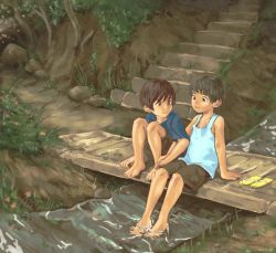 Rule 34 | 2boys, b gent, barefoot, brown eyes, brown hair, child, feet, holding hands, looking at another, male focus, multiple boys, original, outdoors, shirt, short hair, shorts, sitting, sleeveless, sleeveless shirt, stairs, t-shirt, toes, water