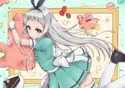 Rule 34 | 1boy, :3, black bow, black footwear, blend s, blue dress, blue eyes, blush, bow, cake, closed mouth, dress, food, fruit, gloves, hair bow, hairband, kanzaki hideri, long hair, looking at viewer, male focus, pleated dress, puffy short sleeves, puffy sleeves, racchi., shoes, short sleeves, silver hair, solo, strawberry, stuffed animal, stuffed toy, teddy bear, thighhighs, trap, tray, white bow, white gloves, white thighhighs
