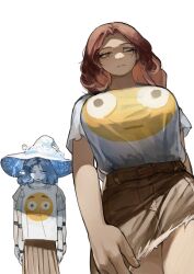 Rule 34 | 2girls, absurdres, blue eyes, blue hair, breasts, brown eyes, brown hair, denim, denim shorts, elden ring, flat chest, flushed face emoji, flushed face emoji shirt (meme), hat, highres, large breasts, long hair, melina (elden ring), meme, miao jiangyou, monster girl, multiple girls, one eye closed, ranni the witch, shorts, simple background, skirt, thighs, white background, witch hat