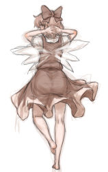 Rule 34 | 1girl, arms behind head, barefoot, bow, cirno, dress, hair bow, ice, ice wings, kuro suto sukii, looking at viewer, looking up, shirt, short sleeves, simple background, sketch, solo, standing, standing on one leg, touhou, white background, wings