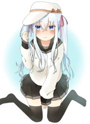Rule 34 | 10s, 1girl, alternate hairstyle, aqua hair, between legs, black skirt, black thighhighs, blush, flat cap, hammer and sickle, hand between legs, hat, hibiki (kancolle), highres, holding, holding own hair, kantai collection, looking away, no shoes, pleated skirt, sailor collar, school uniform, serafuku, shioya thor, sitting, skirt, solo, thighhighs, twintails, verniy (kancolle), wariza