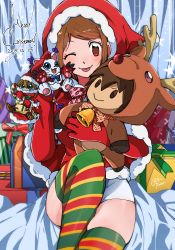 Rule 34 | absurdres, aioka (aichiu kuchiu), blush, breasts, brown eyes, brown hair, christmas, commentary request, dated, digimon, digimon (creature), digimon adventure, digimon adventure 02, english text, gloves, hat, highres, huge filesize, looking at viewer, red hat, santa hat, short hair, smile, striped clothes, striped thighhighs, tailmon, thighhighs, wizarmon, yagami hikari, yagami taichi