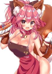 Rule 34 | 10s, 1girl, animal ear fluff, animal ears, animal hands, apron, bare shoulders, bell, black bow, blush, bow, breasts, burger, cat paws, cleavage, collar, commentary request, cowboy shot, fangs, fate/extra, fate/grand order, fate (series), food, fox ears, fox tail, gloves, hair between eyes, highres, holding, holding food, honoka chiffon, hot dog, looking at viewer, medium breasts, naked apron, neck bell, open mouth, paw gloves, pink apron, pink hair, ponytail, red collar, simple background, smile, solo, tail, tail raised, tamamo (fate), tamamo cat (fate), unlimited burger works, white background, yellow eyes