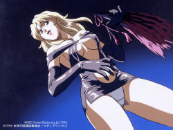 Rule 34 | 1996, 1girl, armpits, bare shoulders, blonde hair, breasts, center opening, clothing cutout, copyright notice, cowboy shot, dated, dress, dutch angle, elbow gloves, gloves, hand fan, holding, long hair, maharaja (megami paradise), medium breasts, megami paradise, navel cutout, nec corporation, nec home electronics, night, no bra, official art, panties, pantyshot, red lips, retro artstyle, revealing clothes, short dress, sky, solo, standing, star (sky), starry sky, underwear, white panties, yamauchi noriyasu