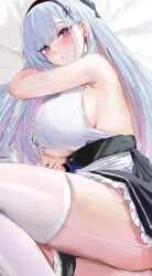Rule 34 | 1girl, :o, absurdres, apron, armpits, azur lane, bed sheet, black skirt, blush, breasts, clothing cutout, commentary, dido (azur lane), feet out of frame, garter straps, grey hair, highres, large breasts, long hair, looking at viewer, lshiki, lying, multicolored hair, on side, pink eyes, pink hair, shirt, shirt tucked in, sideboob, skirt, sleeveless, sleeveless shirt, solo, thighhighs, thighs, two-tone hair, underboob, underboob cutout, very long hair, waist apron, white apron, white garter straps, white shirt, white thighhighs