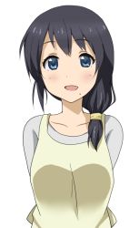 Rule 34 | 1girl, apron, arms behind back, azuma shihoko, black hair, blue eyes, commentary request, eyebrows, hair between eyes, hair over shoulder, long hair, looking at viewer, mole, mole under mouth, open clothes, scrunchie, shizupu, simple background, solo, teacher, upper body, white background, yuru yuri