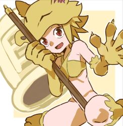 Rule 34 | 1girl, :d, animal feet, animal hands, bare shoulders, bell, blonde hair, bottomless, breasts, fox girl, fox hat, holding, holding staff, lowres, medium breasts, moonlight flower, open mouth, ragnarok online, red eyes, short hair, sicky (pit-bull), sitting, smile, solo, staff, yellow headwear