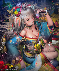 Rule 34 | 1girl, bare shoulders, black gloves, blue flower, blue kimono, blue rose, blush, bra, breasts, bug, butterfly, cleavage, collar, cushion, fingerless gloves, fingernails, floral print, flower, food, glass, gloves, hair flower, hair ornament, hairclip, hand up, holding, bug, japanese clothes, jewelry, kimono, large breasts, liduke, lipstick, long hair, long sleeves, looking at viewer, makeup, night, obi, off shoulder, outdoors, parted lips, petals, railing, red flower, red lips, red rose, ring, rose, sash, sengoku saga, silver hair, single fingerless glove, sitting, smile, solo, underwear, urn, watermark, wide sleeves, yellow eyes, yellow flower, yellow rose, yokozuwari