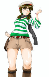 Rule 34 | &gt;:), 00s, 1girl, akizuki ritsuko, belt, belt buckle, beret, black scarf, blush, boots, bracelet, breasts, brown footwear, brown hair, brown shorts, buckle, closed mouth, cowboy shot, earrings, female focus, from below, glasses, grey hat, hair tie, hat, idolmaster, idolmaster (classic), idolmaster 1, jewelry, knee boots, long hair, long sleeves, looking to the side, low twintails, medium breasts, red p, scarf, shorts, simple background, solo, standing, stud earrings, twintails, v-shaped eyebrows, white background