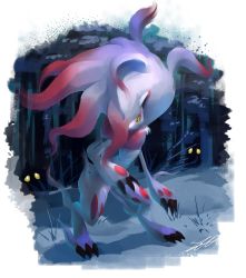 Rule 34 | absurdres, claws, commentary, creatures (company), full body, game freak, highres, hisuian zoroark, likey, night, nintendo, outdoors, pokemon, pokemon (creature), signature, snow, standing, tree, yellow eyes