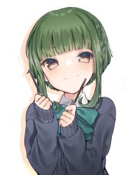 Rule 34 | 1girl, black cardigan, blue bow, blush, bow, braid, brown eyes, cardigan, closed mouth, collared shirt, colored shadow, commentary request, drop shadow, green hair, hands up, highres, kanae (inorin05kanae), kantai collection, long hair, long sleeves, looking at viewer, pocky day, shadow, shirt, sidelocks, signature, sleeves past wrists, smile, solo, takanami (kancolle), upper body, white background, white shirt