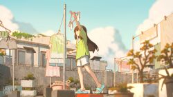 Rule 34 | 1girl, absurdres, arm up, black hair, blue footwear, blue sky, chinese commentary, clothes hanger, cloud, cloudy sky, commentary, day, drying, drying clothes, flower pot, full body, green shirt, highres, holding, holding clothes hanger, house, hua ming wink, long hair, looking at object, original, outdoors, sandals, shirt, short sleeves, shorts, sky, smile, solo, standing, white shorts