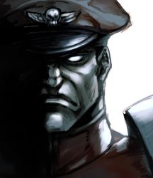 Rule 34 | 1boy, capcom, closed mouth, frown, hat, hungry clicker, looking at viewer, m. bison, male focus, military, military hat, military uniform, no pupils, portrait, simple background, solo, street fighter, street fighter ii (series), uniform, white background