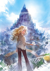 Rule 34 | 1girl, bad perspective, bell-bottoms, bird, blonde hair, brown eyes, cityscape, cloud, coffee, cup, day, fisheye, from behind, highres, holding, lamppost, light rays, long hair, looking back, matsuda (matsukichi), original, pants, railing, scenery, sky, solo, stairs, sun, sunbeam, sunlight, teacup, tower, tree, wind