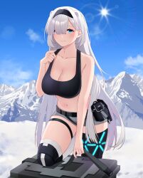 Rule 34 | 1girl, absurdres, animal ears, arknights, aurora (arknights), avi (baltika seven), bear ears, bear girl, black sports bra, blue eyes, blush, box, breasts, cleavage, extra ears, grey hair, grey shorts, hair between eyes, hair over one eye, highres, infection monitor (arknights), knee pads, large breasts, long hair, looking at viewer, mountain, navel, outdoors, short shorts, shorts, smile, snow, solo, sports bra, stomach, sun, thigh strap, thighs, very long hair