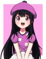 Rule 34 | 1girl, :d, animification, blouse, flower, happy, hat, highres, hugging object, long hair, looking at viewer, neku397, open mouth, pajamas, pillow, pillow hug, pink background, purple hat, purple shirt, self-upload, shirt, simple background, smile, solo, south park, wendy testaburger