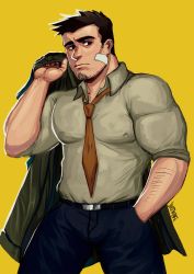 Rule 34 | 1boy, abs, bara, beard, body hair, brown hair, chest hair, covered erect nipples, facial hair, ace attorney, highres, dick gumshoe, large pectorals, looking at viewer, male focus, manly, muscular, pectorals, ruslorc, simple background, solo, thighs, upper body