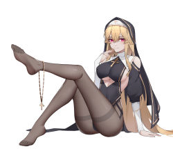 Rule 34 | 1girl, alternate costume, azur lane, barefoot, blonde hair, blush, breasts, brown pantyhose, chinese commentary, closed mouth, cross, cross necklace, feet, full body, gloves, hand on floor, highres, holding, jewelry, large breasts, leg up, legs, lips, long hair, looking at viewer, necklace, no shoes, nun, on floor, pantyhose, partially fingerless gloves, purple eyes, richelieu (azur lane), sidelocks, soles, solo, thighs, underboob, very long hair, white background, white gloves, wsfw