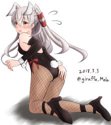 Rule 34 | 1girl, amatsukaze (kancolle), animal ears, ass, bad id, bad nicoseiga id, blush, breasts, dated, fake animal ears, giraffe (ilconte), grey hair, highres, kantai collection, kneeling, long hair, looking at viewer, playboy bunny, ponytail, rabbit ears, rabbit girl, rabbit tail, shadow, shoes, simple background, small breasts, solo, tail, white background, yellow eyes