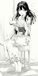 Rule 34 | 1girl, barefoot, blush, closed mouth, drying, drying hair, feet, greyscale, hair dryer, hands up, highres, hiwatari rin, indoors, japanese clothes, kimono, legs together, long hair, monochrome, obi, original, sash, sitting, smile, solo, stool, toes, yukata