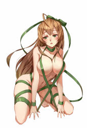 Rule 34 | 1girl, ahoge, bad id, bad pixiv id, bi ge xing, breasts, cleavage, colored eyelashes, convenient censoring, female focus, green eyes, green ribbon, groin, jpeg artifacts, kneeling, large breasts, light brown hair, looking to the side, naked ribbon, navel, open mouth, original, ribbon, skindentation, solo