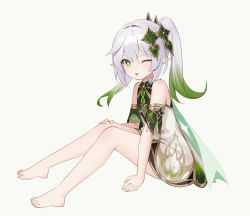 Rule 34 | 1girl, ;), ;p, arm support, ass, barefoot, bracelet, capelet, commentary request, detached sleeves, dress, from side, genshin impact, gradient hair, green eyes, hair between eyes, hair ornament, highres, jewelry, long hair, looking at viewer, looking to the side, multicolored hair, nahida (genshin impact), negi3, one eye closed, pointy ears, short sleeves, side ponytail, sidelocks, simple background, sitting, smile, solo, symbol-shaped pupils, tongue, tongue out, underwear, white background, white dress, white hair